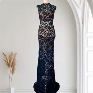 Vintage Ethereal Whimsygoth Glam Black Sheer Lace Formal Prom Mermaid Dress S